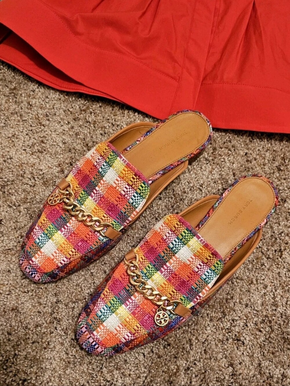 Tory Burch Leather Mini Benton Multi Plaid Loafer w/Gold Charm 10.5-Retail $299